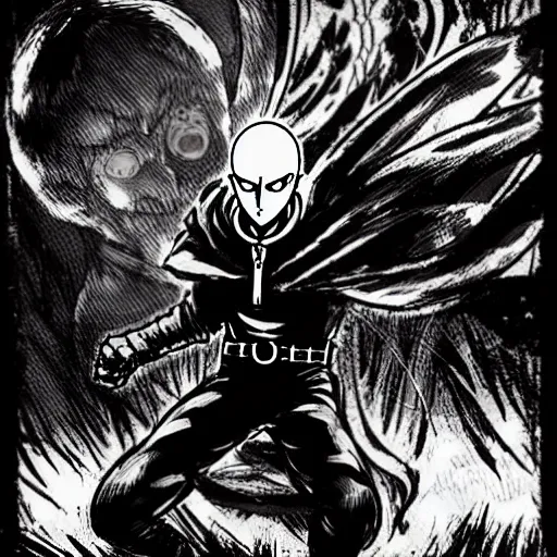 Prompt: concept art of one punch man as a boss in darkest dungeon, highly detailed, dark atmosphere, 2 d, cosmic horror, body horror, lovecraft mythos