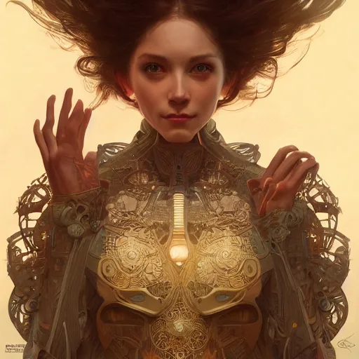 Prompt: a 5 0 mm portrait of anthropomorphic artificial intelligence, intricate, highly detailed, digital painting, artstation, concept art, smooth, sharp focus, illustration, unreal engine 5, 8 k, art by artgerm and greg rutkowski and alphonse mucha