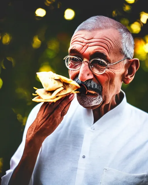 Image similar to a portrait of gandhi eating samosa whilst walking, highly detailed, trending on artstation, bokeh, 9 0 mm, f / 1. 4