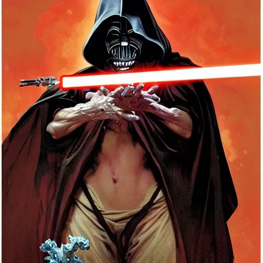 Prompt: crackhead sith lord smoking crack cocaine by mcfarlane, alphonse mucha, artgerm and greg rutkowski and magali villeneuve. drug addicts