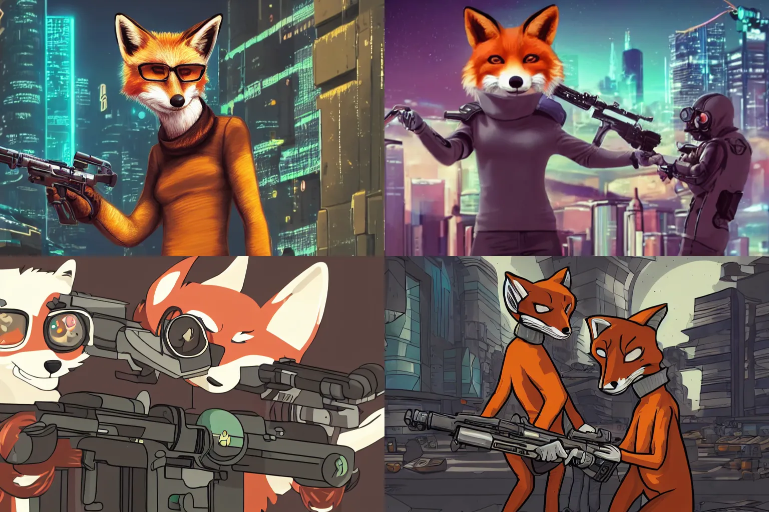 Prompt: An anthropomorphic fox wearing a turtleneck sweater, holding a futuristic machine gun in a cyberpunk setting