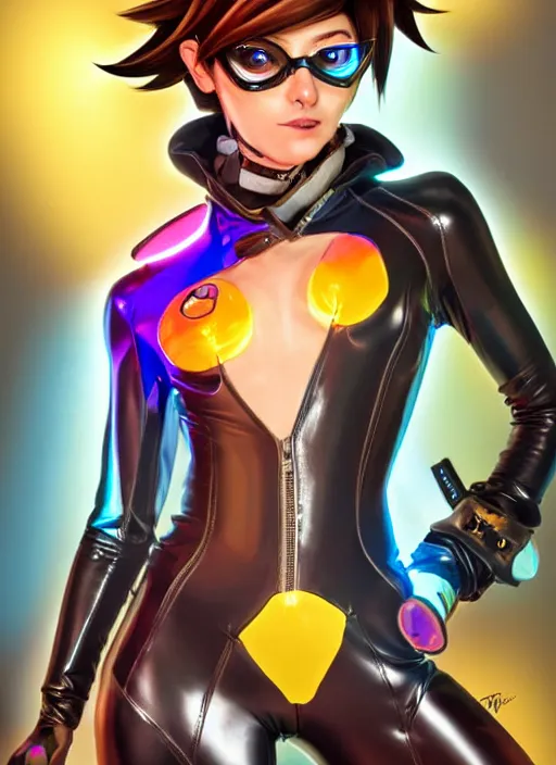Image similar to portrait bust digital artwork of tracer overwatch, wearing iridescent rainbow latex and leather straps catsuit outfit, expressive happy face, makeup, in style of mark arian, angel wings, wearing detailed leather collar, chains, black leather harness, detailed face and eyes,