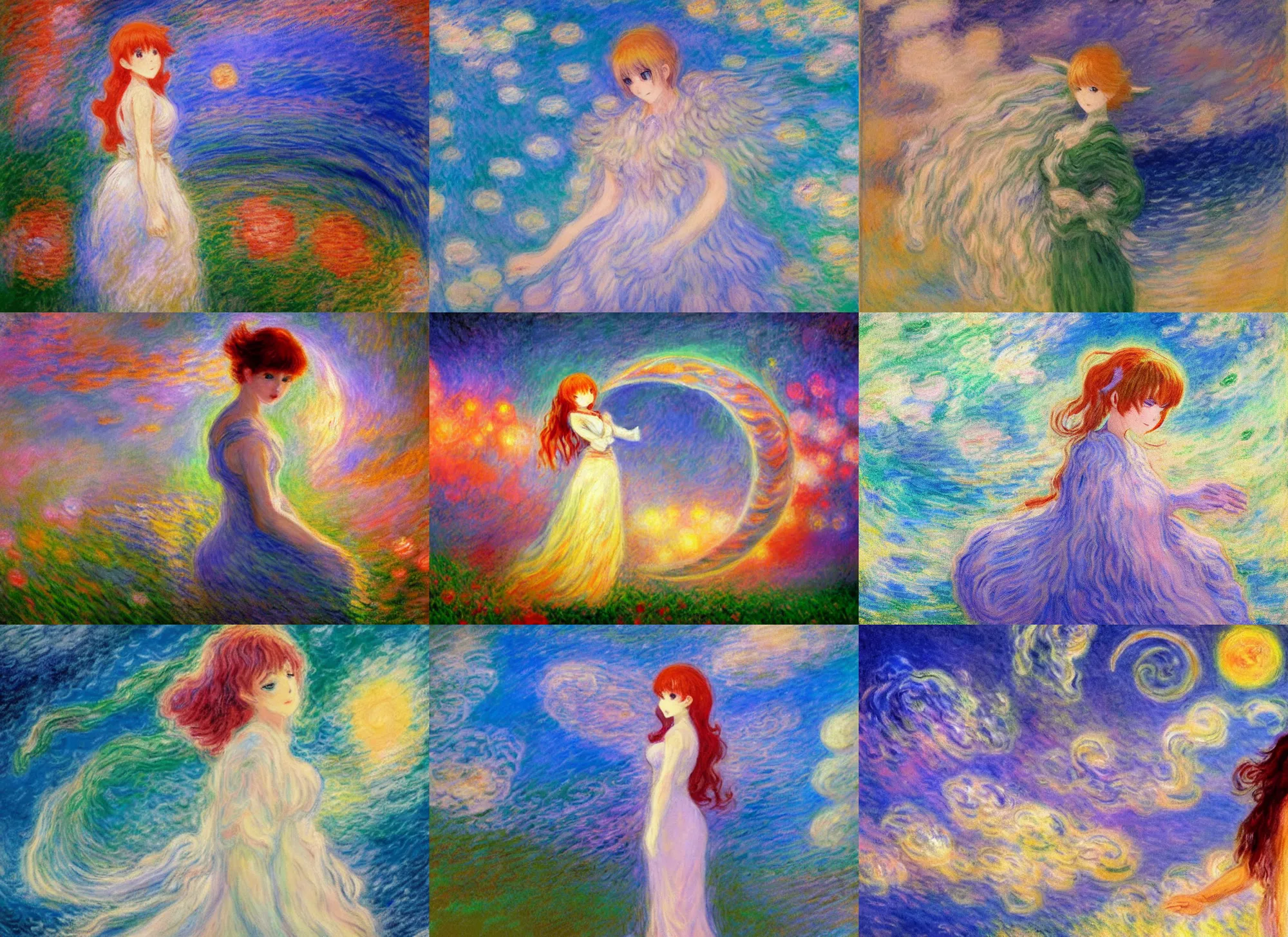 Prompt: retro anime girl, glowing angelic being, crescent moon with swirling clouds, impressionist painting, claude monet, pastel colours