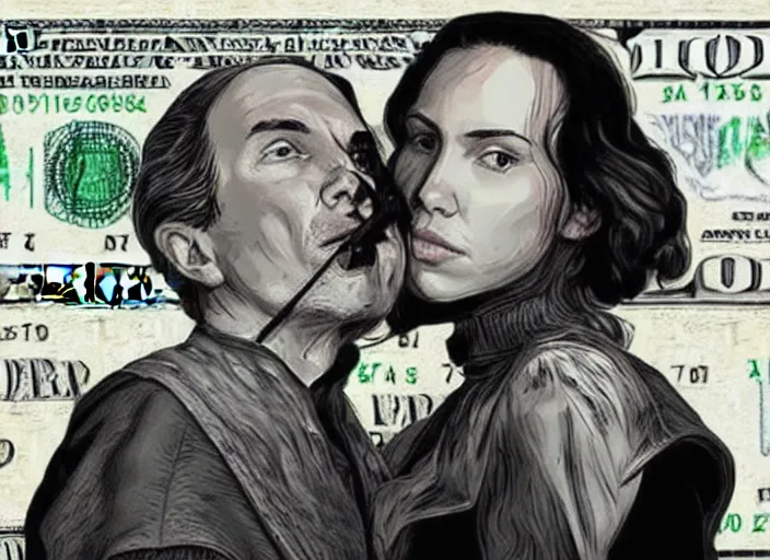 Image similar to reylo kissing, dollar bill