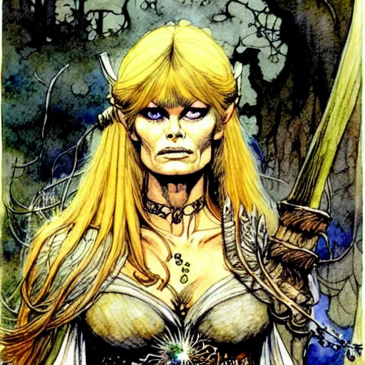 Image similar to a realistic and atmospheric watercolour fantasy character concept art portrait of brigitte bardot as a druidic warrior wizard looking at the camera with an intelligent gaze by rebecca guay, michael kaluta, charles vess and jean moebius giraud