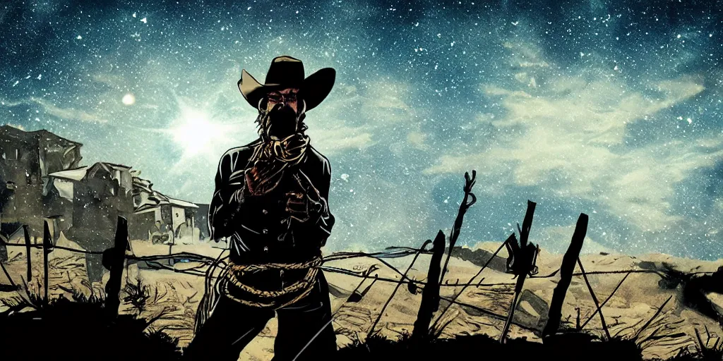 Image similar to rugged bandit ( ( alone ) ) in the old west, handcuffed by shackles at a campfire, cinematic, dark, grim, starry sky, in the style of anime