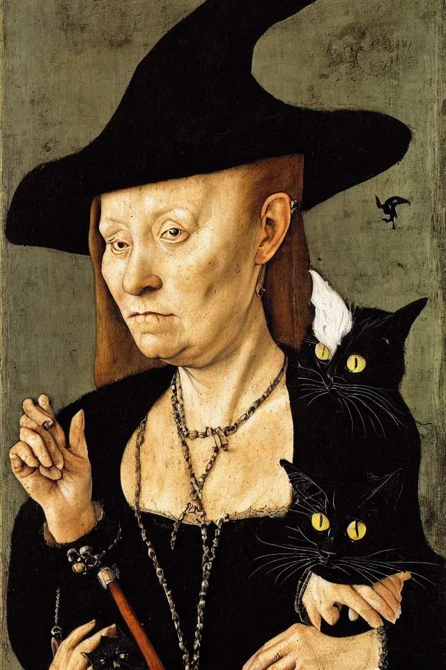 Prompt: painted portrait of a creepy witch with a fat black cat, 1 6 th century, hans holbein the younger, jan van eyck, gerit dou,