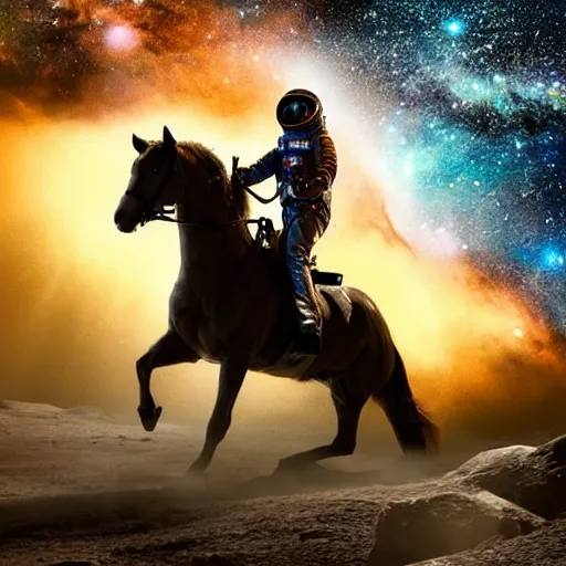 Prompt: photograph of an astronaut riding a horse on an asteroid, with a galaxy in the background