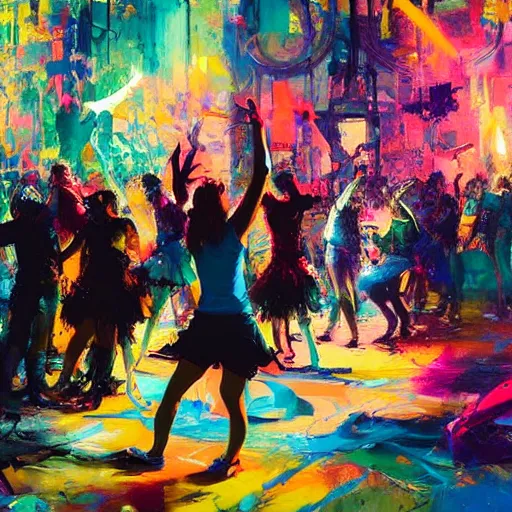 Prompt: portrait of young people dancing, ecstatic, wonderfull techno party, bright vibrant colors, utopia, by by greg rutkowski, by jeremy mann, by francoise nielly