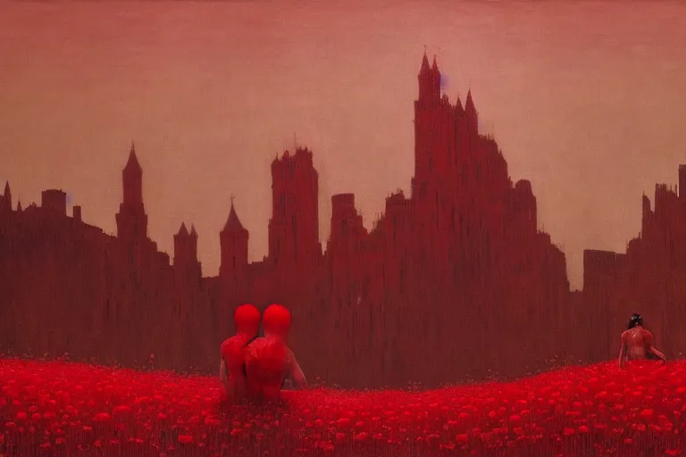 Image similar to only with red, red flowers of different types, red castle in background, red medieval big fat goblins, in the style of beksinski, parts by edward hopper, parts by rodcenko, parts by yue minjun, intricate and epic composition, red by caravaggio, insanely quality, highly detailed, masterpiece, red light, artstation, 4 k