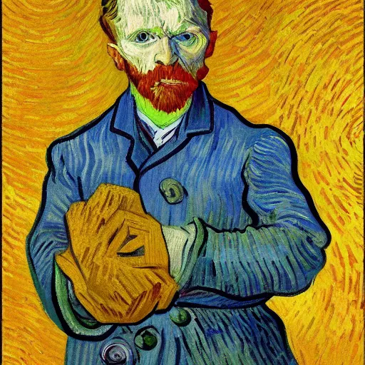 Image similar to vincent van gogh!!!! holding!!!!! an iphone in his hand!!!!!!, illustrated by vincent van gogh, 4 k, 8 k, photorealistic imagery