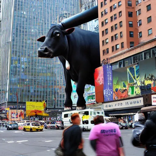 Image similar to giant mutant cow attacking new york city