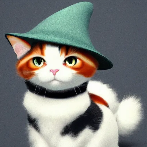 Image similar to a cute calico cat in a hat, artstation, cgsociety