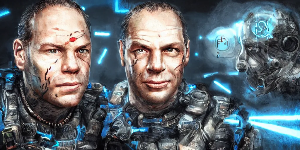 Prompt: phil spencer wild great portrait, microsoft cinematic lighting, glowing blue runes, concept art, with tattoos wearing tactical gear, intricate lights, high detailed face, 4 k,