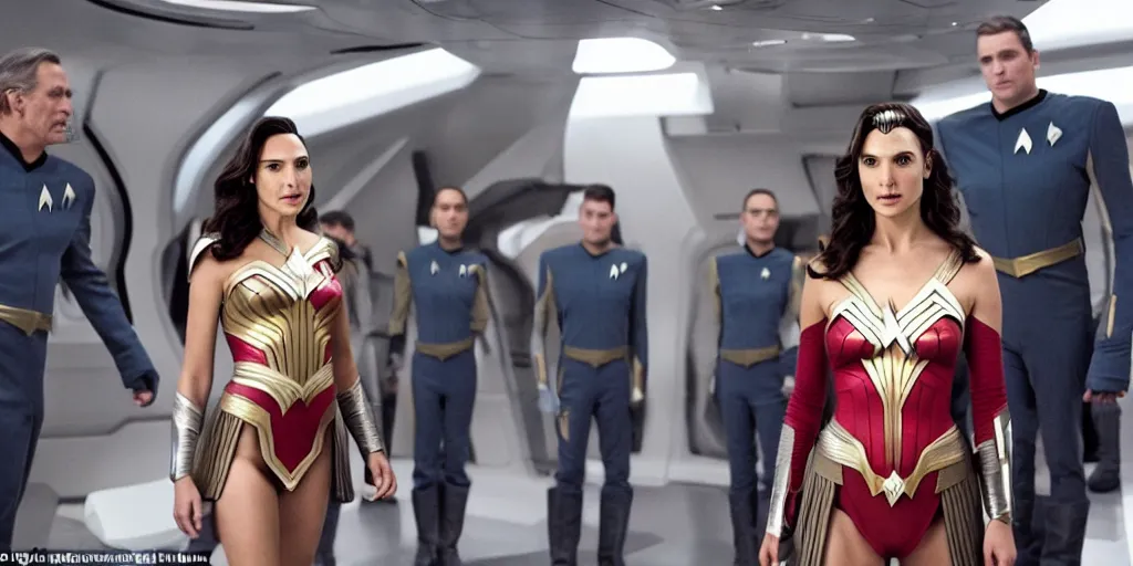 Image similar to Gal Gadot, in full starfleet uniform, is the captain of the starship Enterprise in the new Star Trek movie