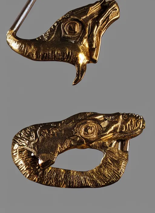 Prompt: bronze age Irish, gold cloak pin of a dinosaur, studio lighting, museum display case