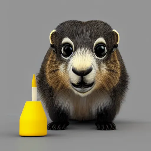 Prompt: cute anthro marmot in a black tuxedo while holding a yellow pencil in the left hand, digital art, 3 d rendered in octane, blender, maya, shadows, lighting