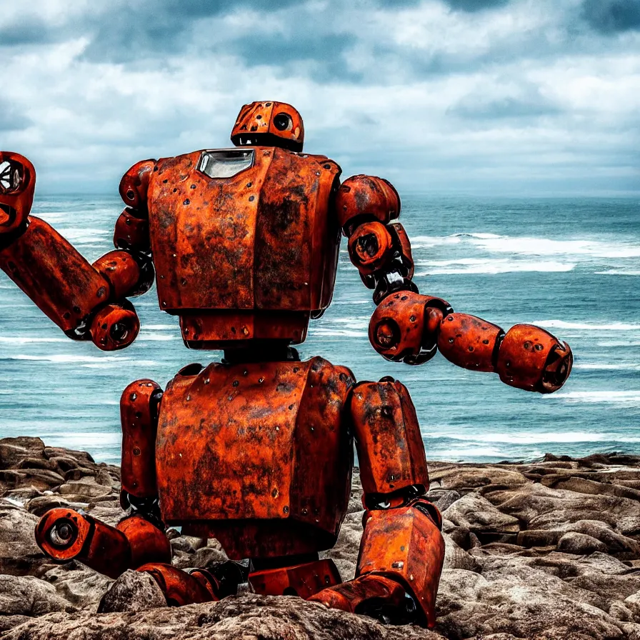 Image similar to a very large rusting humanoid robot is sitting against some rocks on a deserted beach. ocean in the background. it's nighttime and the sky is cloudy. paining, futurism, detailed, illustrated,