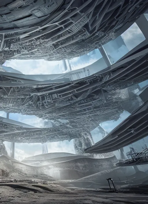 Image similar to techno cyber chuquicamata bioremediation white mining tailing, futuristic horizontal architecture, epic, cinematic, hyperealistic, high detailed, corona render, hdr, ray tracing