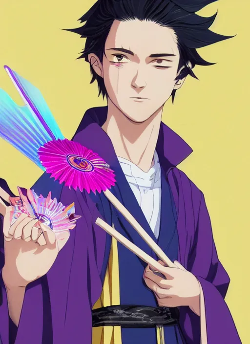 Prompt: young man with straight indigo hair, purple eyes with red eye markers, slim body, wearing a detailed Japanese kimono with golden armor pieces, holding a japanese fan. rich vivid colors, ambient lighting, dynamic lighting, 4k, official media, anime key visual, makoto shinkai, ilya kuvshinov, lois van baarle, rossdraws, detailed, trending on artstation