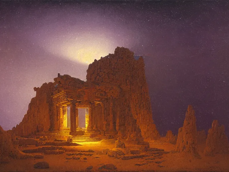 Image similar to an oil painting of an ancient and cursed temple in the middle of an alien salt plane at dusk, aurora and stars light up the sky by beksinski carl spitzweg and tuomas korpi. baroque elements, full-length view. baroque element. intricate artwork by caravaggio. Trending on artstation. 8k