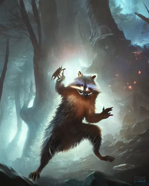 Image similar to Raccoon Shapeshifter, magic the gathering artwork, D&D, fantasy, cinematic lighting, centered, symmetrical, highly detailed, digital painting, artstation, concept art, smooth, sharp focus, illustration, volumetric lighting, epic Composition, 8k, art by Akihiko Yoshida and Greg Rutkowski and Craig Mullins, oil painting, cgsociety