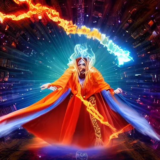 Prompt: Supreme archmage holding a fireball with wisps of color in an action pose and flowing robe.