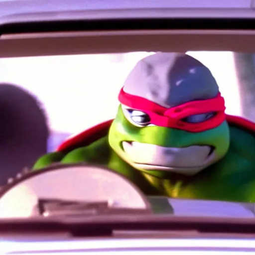 Image similar to film still of michelangelo ( tmnt ) failing his drivers test