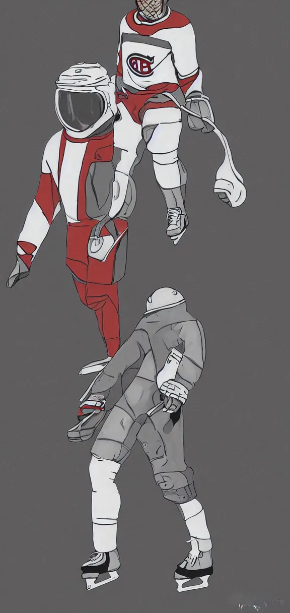 Image similar to male, full body, habs ice hockey space suit with a modern helmet, large shoulders, short torso, long thin legs, tiny ice skate, stanley cup character sheet, science fiction, very stylized character design, digital painting, by mike mignola, by alex maleev, jean giraud, painted by leyendecker