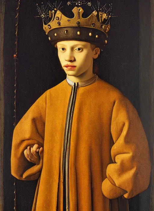 Prompt: portrait of a young man who is a king with a crown, medieval painting by Jan van Eyck, Johannes Vermeer, Florence
