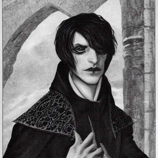 Image similar to head and shoulders vogue fashion photo portrait of a male vampire, d & d, fantasy, medieval castle, year 1 3 3 0