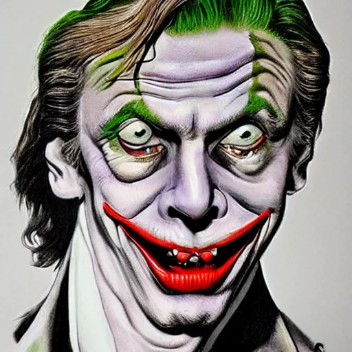 Prompt: Steve Buscemi as the Joker, in the style of Boris Vallejo, intricate, highly detailed, concept art, smooth, sharp focus