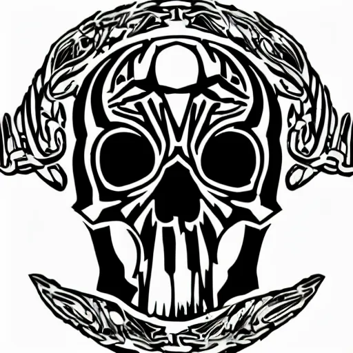 Image similar to death metal themed skull shaped microphone vector logo for a record label, dark, horrorcore, grunge, dark forest, ent, symmetrical golden ratio