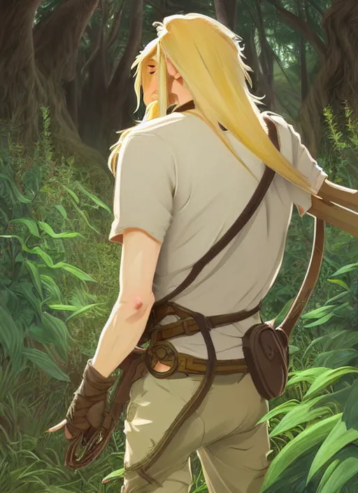 Image similar to young man with long blond hair, from behind, lost in a forest, natural lighting, path traced, highly detailed, high quality, digital painting, by don bluth and ross tran and studio ghibli and alphonse mucha, artgerm, breath of the wild