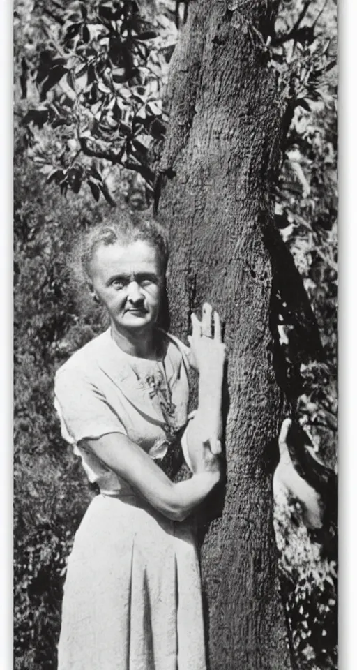 Image similar to Marie Curie hugging a tree by Salvador Dalí