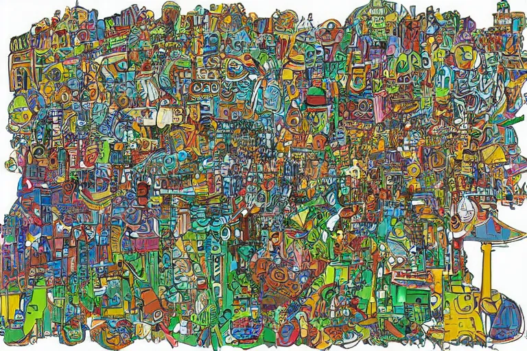 Image similar to an elaborate penned child illustration of a colorful intricate connected city of tubes and pipes, by jan van haasteren