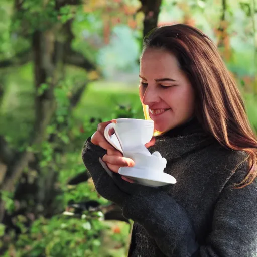 Image similar to mix between woman and bird, having a cup of coffee.