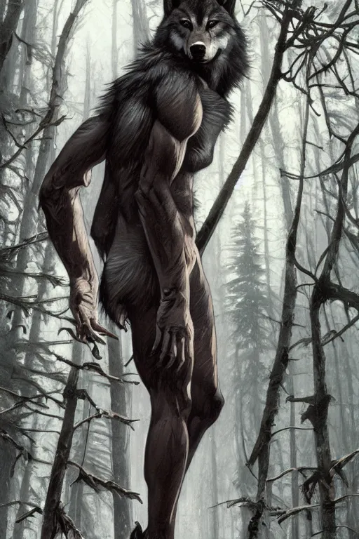 Image similar to full figure beautiful young fit antrophomorphic male wolf, bared teeth and long claws, frozen scene, by greg rutkowski and alphonse mucha, d & d character, gradient black to silver, in a forest at night, highly detailed portrait, digital painting, artstation, concept art, smooth, sharp focus illustration, artstation hq