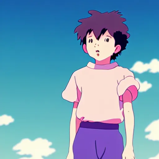 Prompt: a young boy with ball with a pastel aesthetic, studio ghibli, character design, fantasy, 8 k resolution