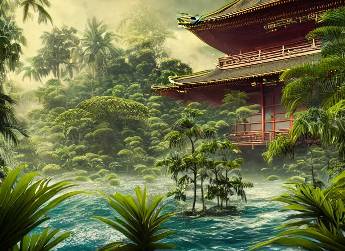 Image similar to overgrown tropical foliage overtaking many tall ornate japanese buildings, underwater environment, borealis, scenery, professional, award - winning, trending on artstation, hyper detailed, realistic, beautiful, emotional, shiny, golden, picture