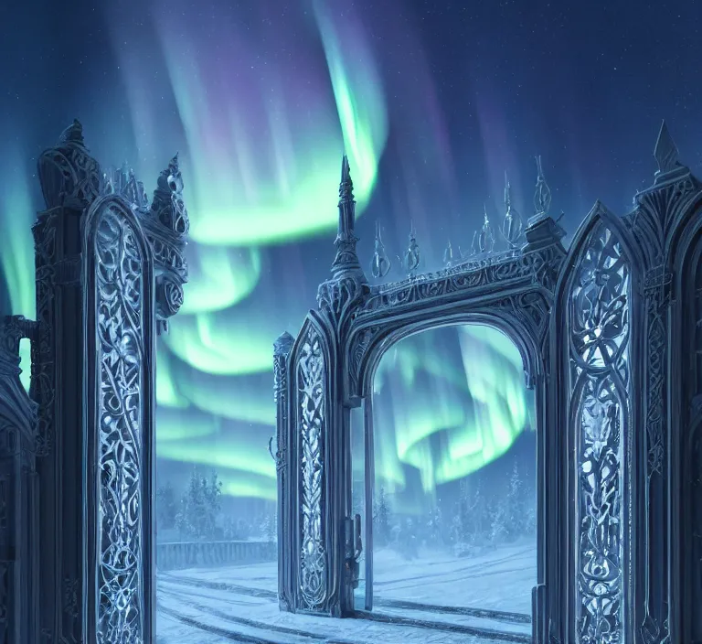 Image similar to a very detailed concept art of intricate and well designed white gates to laplandia, infused with aurora borealis by greg rutkowski, dynamic lighting trending on artstation, symmetry, digital art, 4 k, hyper realistic, octane render, sharp focus