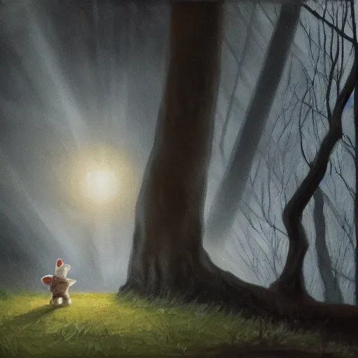 Image similar to high - angle view, shot from 5 0 feet distance, baby yoda strolls on a well lit path in a dimly lit forest. dramatic clouds, setting sun. oil on canvas painting, light, shadow, contrast, detailed, depth, volume, chiaroscuro, drama, quiet intensity, serene.