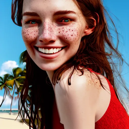 Image similar to portrait of a cute thin young woman, bronze brown hair, eye color is emerald green, red blush, a few freckles, smug smile, modern clothes, relaxing on the beach, golden hour, close up shot, 8 k, art by irakli nadar, hyperrealism, hyperdetailed, ultra realistic