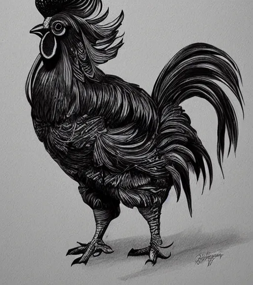 Image similar to beautiful rooster black and white drawing, in the style of greg rutkowski, fantasy, amazing detail, epic, intricate, elegant, smooth, sharp focus