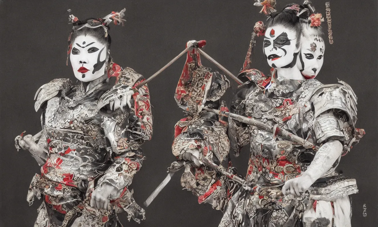 Prompt: Hyperrealist portrait of a vivacious samurai woman with face paint and armor made of bone