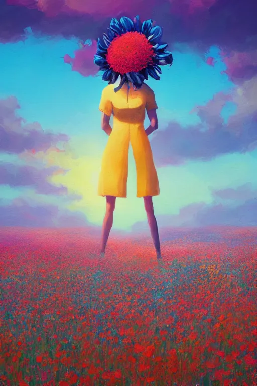 Image similar to closeup, giant flower head, girl in suit standing in a field of flowers, surreal photography, sunrise, blue sky, dramatic light, impressionist painting, digital painting, artstation, simon stalenhag