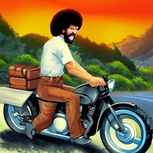 Image similar to bob ross screaming on back of a motorcycle