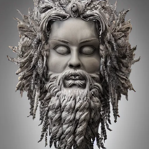 Prompt: intricate stone carving of a bearded male nature spirit, hair festooned with floral botanicals, radical faerie, rainbow background, sculptural, volumetric lighting, photorealistic, trending on artstation, atmospheric, mystical style