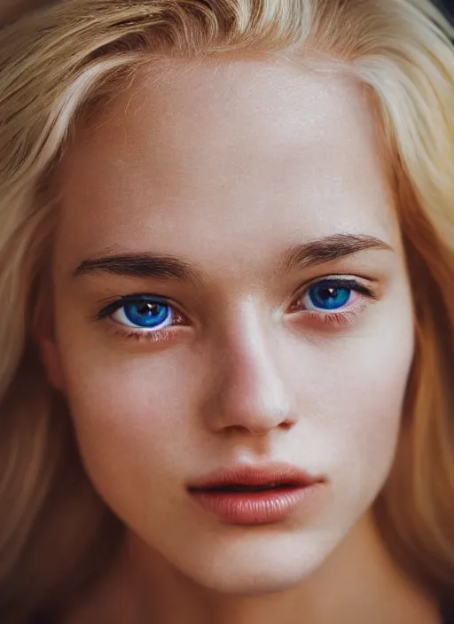 Image similar to kodak portra 400, photographic extreme close-up face of a beautiful woman with blond hair , Low key lighting, from photography award winning , high quality,complementary colors ,photo-realistic.