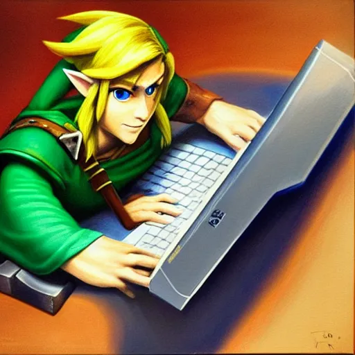 Prompt: link from zelda using computer, painting by by ralph grady james, jean christian biville